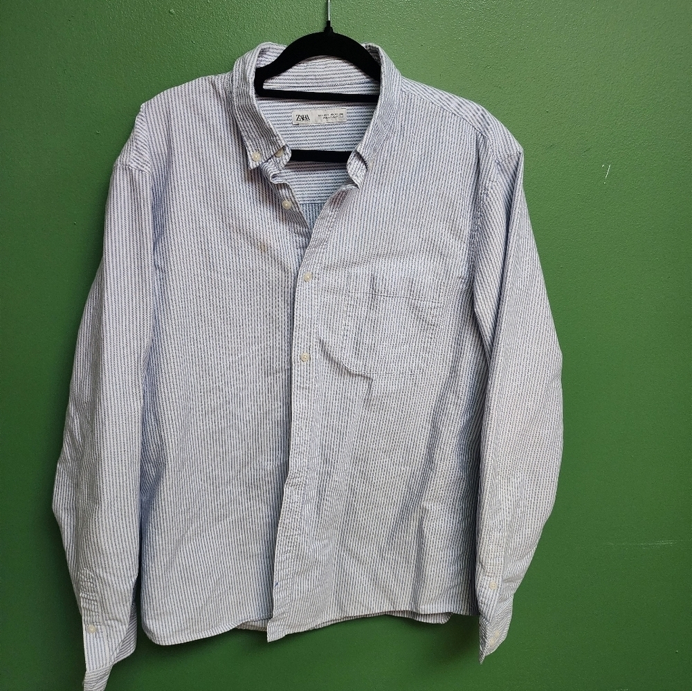 ZARA Men’s Blue & White Striped Button-Down Shirt – Size L